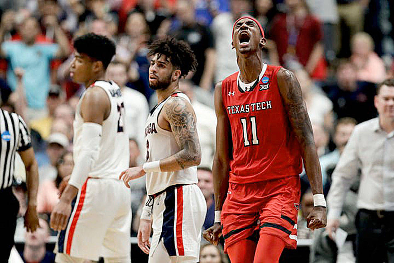 Forward Tariq Owens illustrated the intensity of Texas Tech’s defense as he celebrated a blocked shot against Gonzaga in the second half of the Red Raiders’ 75-69 victory in the West Region final.