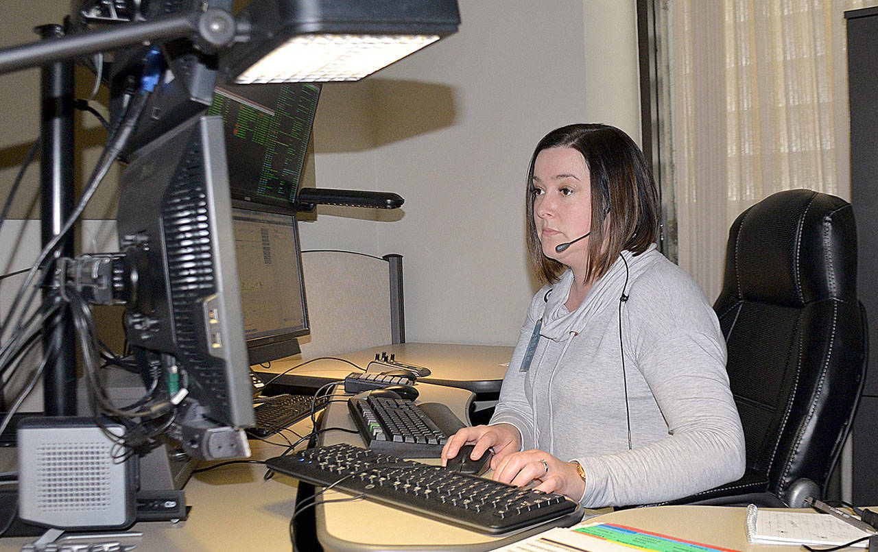 DAN HAMMOCK | GRAYS HARBOR NEWS GROUP                                Jaimie Green has worked at the Grays Harbor Communications Center for nearly 18 years, starting when she was just 18 years old.
