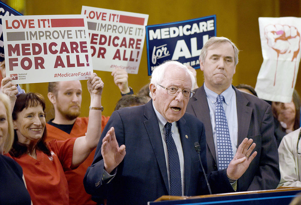 Democratic presidential candidate Sen. Bernie Sanders introduces the Medicare for All Act of 2019 on Capitol Hill on Wednesday in Washington, D.C. (Olivier Douliery/Abaca Press)