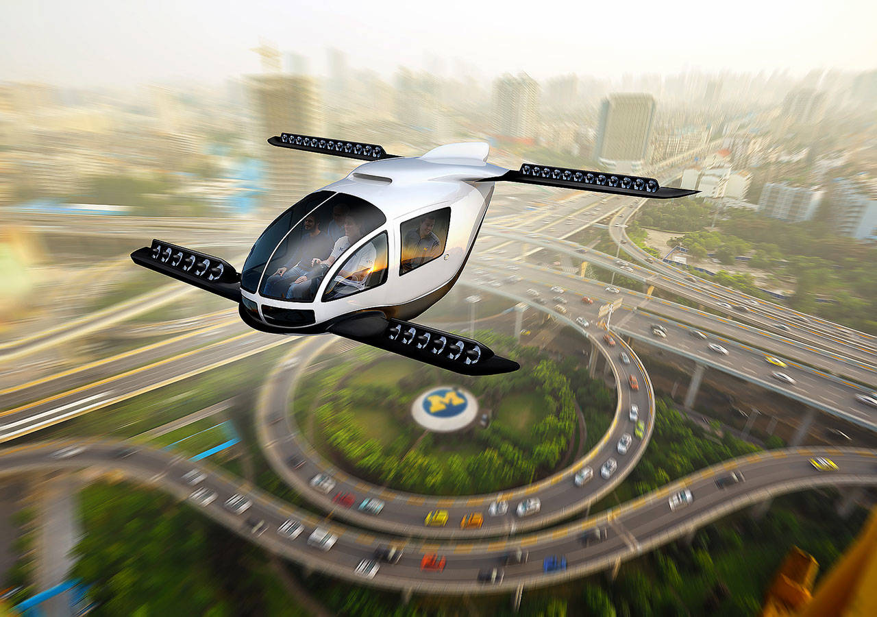 The key for flying cars is to spend enough time in the air — and carry enough passengers — to justify the emissions produced during takeoff and landing, a University of Michigan study found. (Dave Brenner/University of Michigan School for Environment and Sustainability)