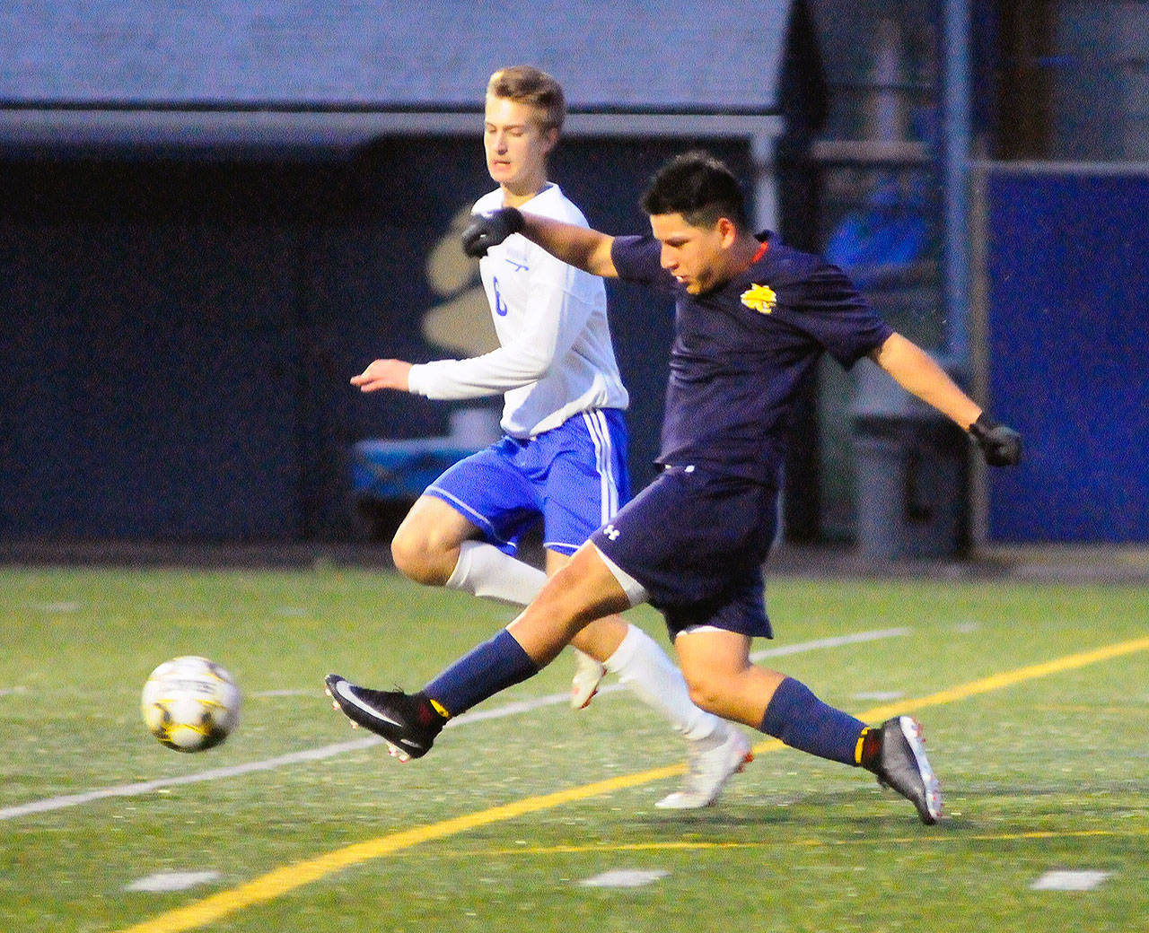 Aberdeen’s Enrique Cuevas takes a shot from just outside the box in second half of a game against Rochester. (Hasani Grayson | Grays Harbor News Group)