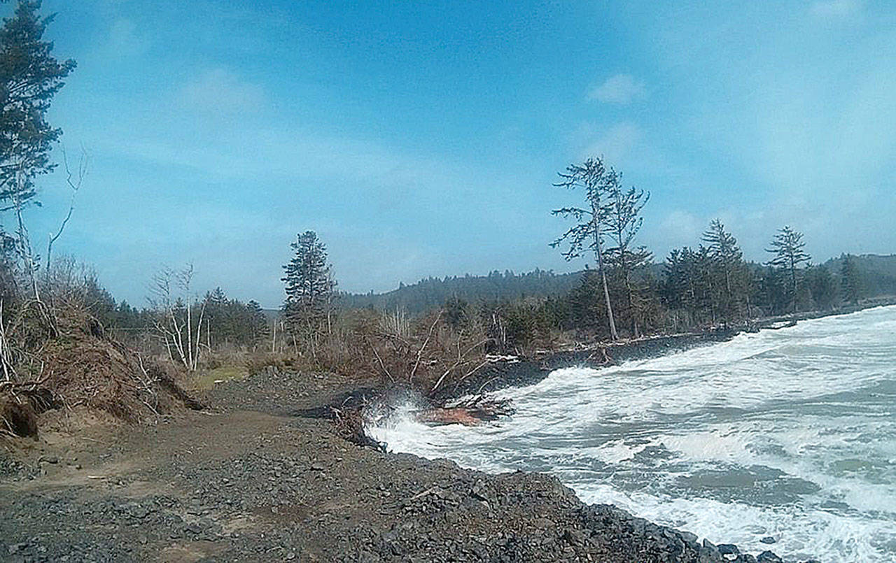 COURTESY WASH AWAY NO MORE                                Efforts to preserve the shoreline in the North Cove area will be discussed at a meeting Wednesday at the Shoalwater Bay community center. Here a stretch protected by dynamic revetment stands up to the high tide and winds of April 6.