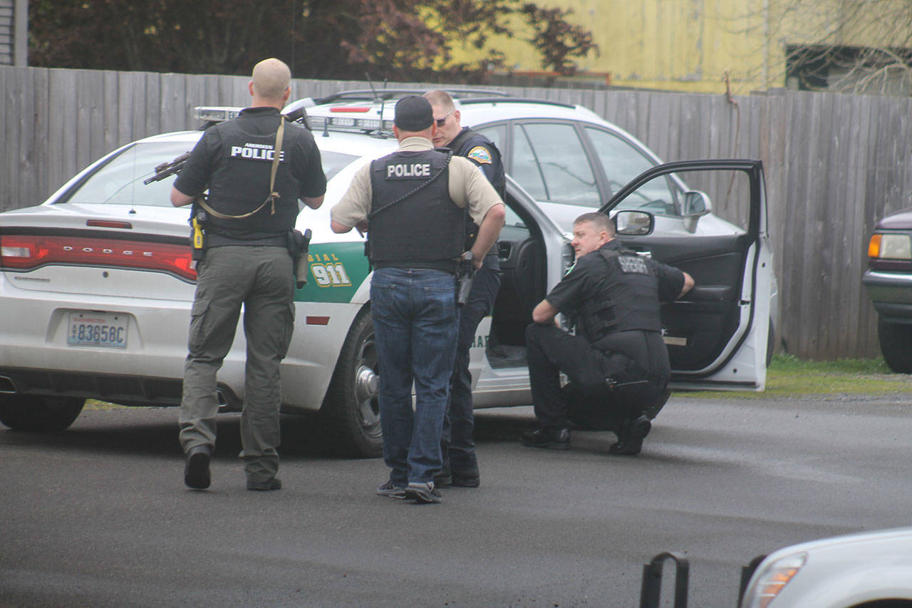 (Josh Jessen photo) Officers from several different departments responded to standoff situation at a Montesano home Tuesday afternoon.