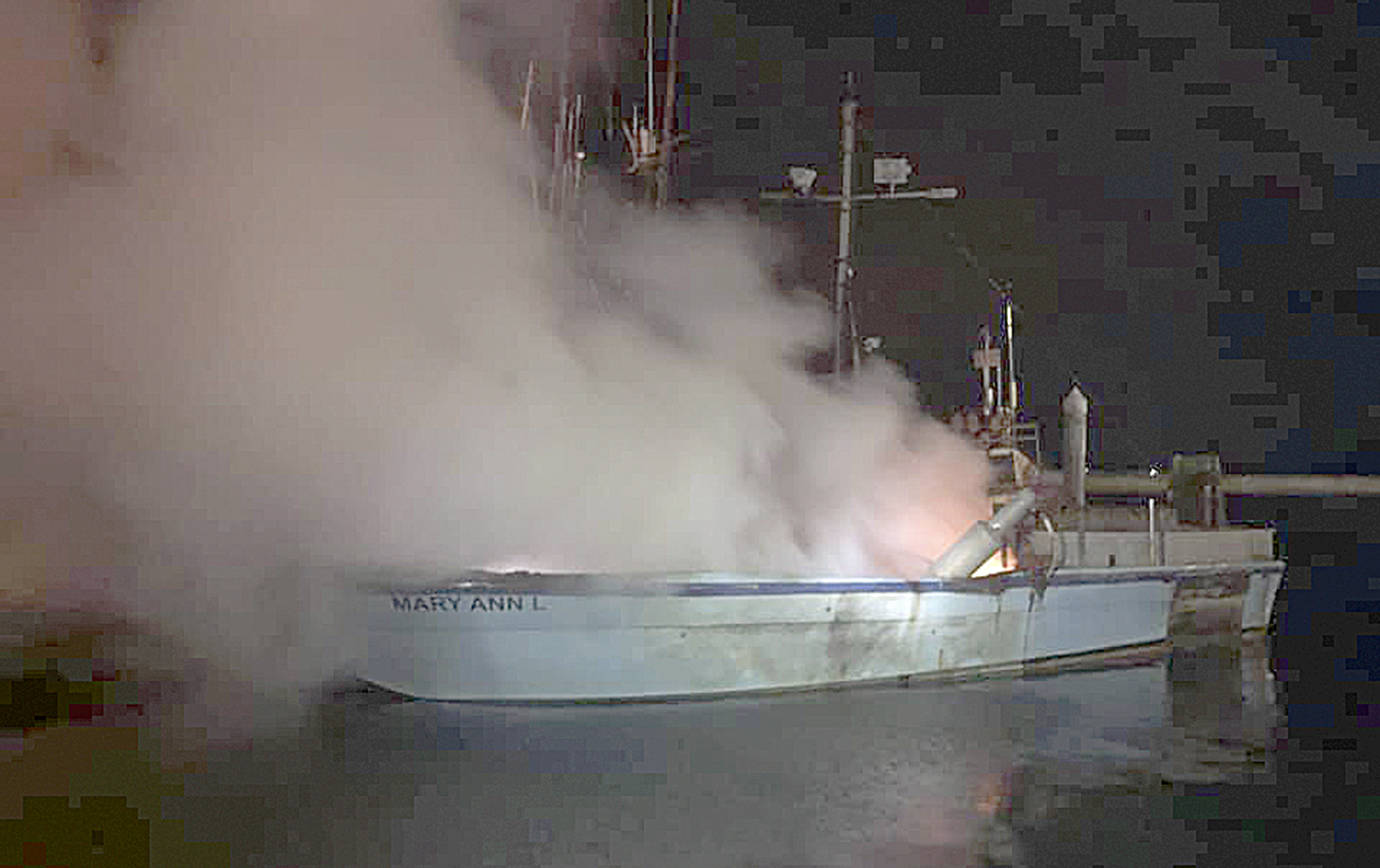COURTESY COAST GUARD STATION GRAYS HARBOR                                Coast Guard crews from Station Grays Harbor in Westport teamed with personnel from the South Beach Regional Fire Authority and the Grays Harbor County Sheriff’s Office to fight a boat fire at the Westport Marina early Monday morning. According to the Coast Guard personnel on the motor life boat Invincible took initial action on the 3 a.m. fire on the Mary Ann L at Float 11. No further details were immediately available.