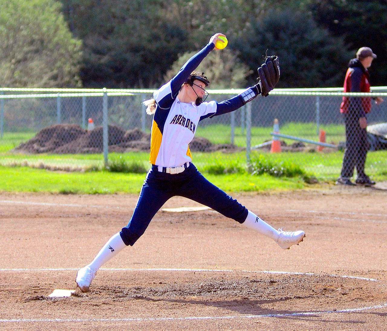 Aberdeen’s Jalyn McDaniel delivers a pitch in the second inning against WF West. McDaniel surrendered two runs in the Bobcat’s 2-0 loss to WF West on Tuesday at Bishop Field. (Hasani Grayson | Grays Harbor News Group)