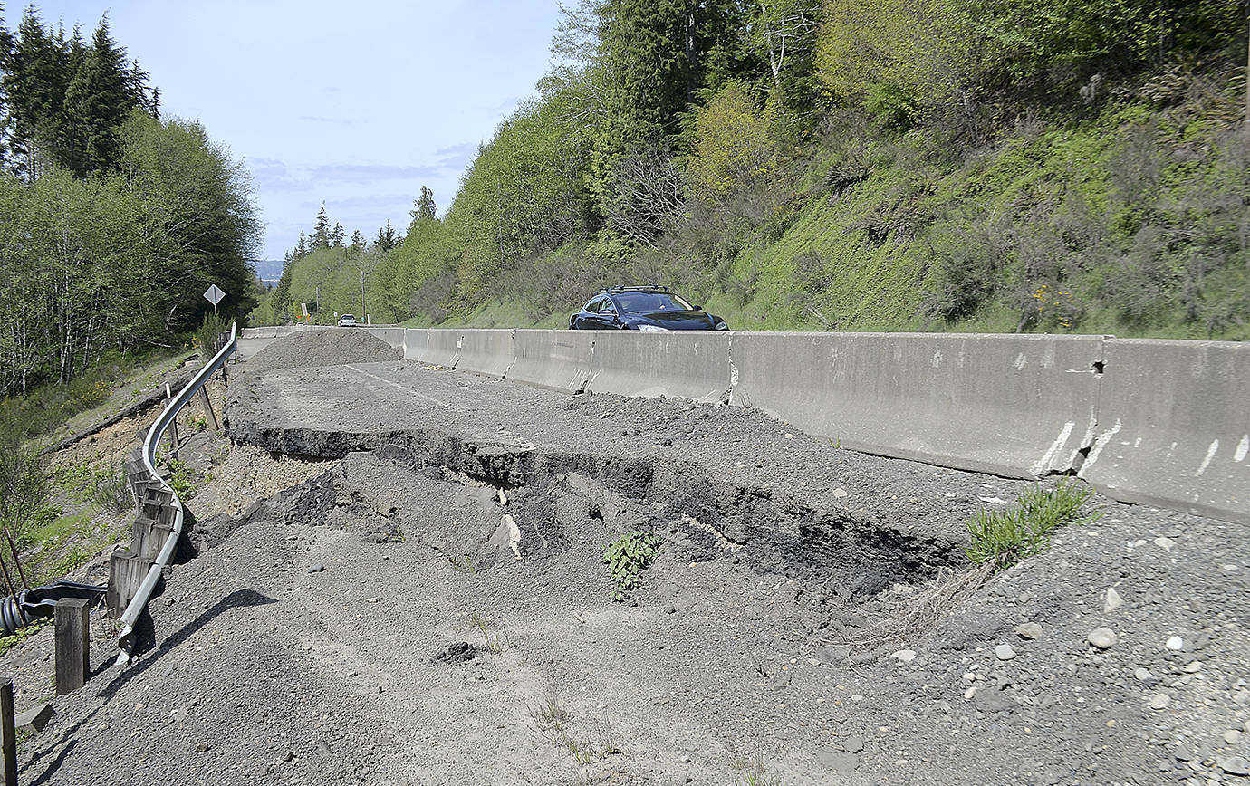 DAN HAMMOCK | GRAYS HARBOR NEWS GROUP                                 Just fewer than 600 holes drilled 30-60 feet deep and filled with 29,000 tons of rock will be used to shore up the hillside on Highway 101 on the Cosi Hill. The state considers this a permanent fix to the ongoing slide problems there.