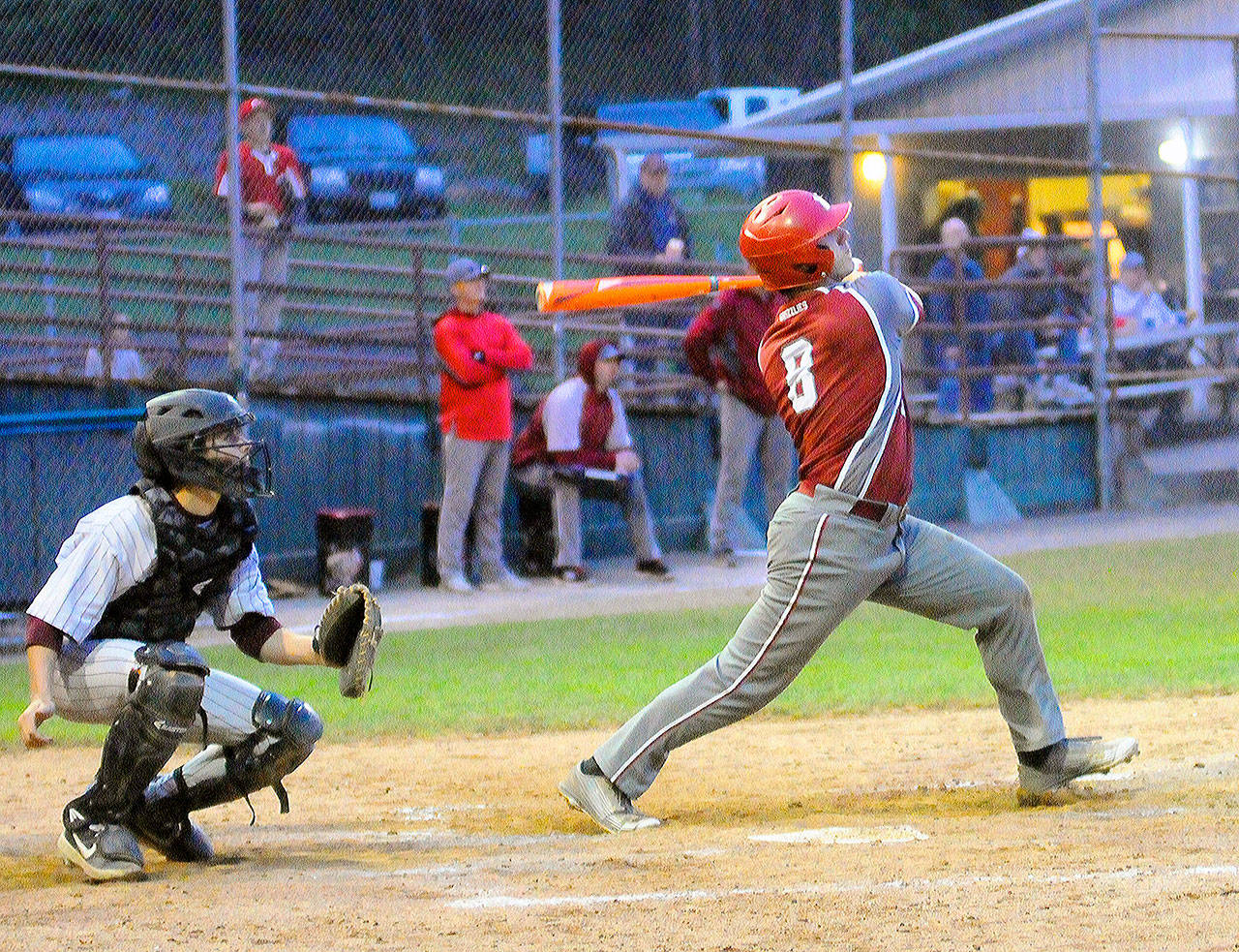Hoquiam’s Payton Quintanilla launches a double into the left-centerfield gap in the fourth inning against Montesano. (Hasani Grayson | Grays Harbor News Group)