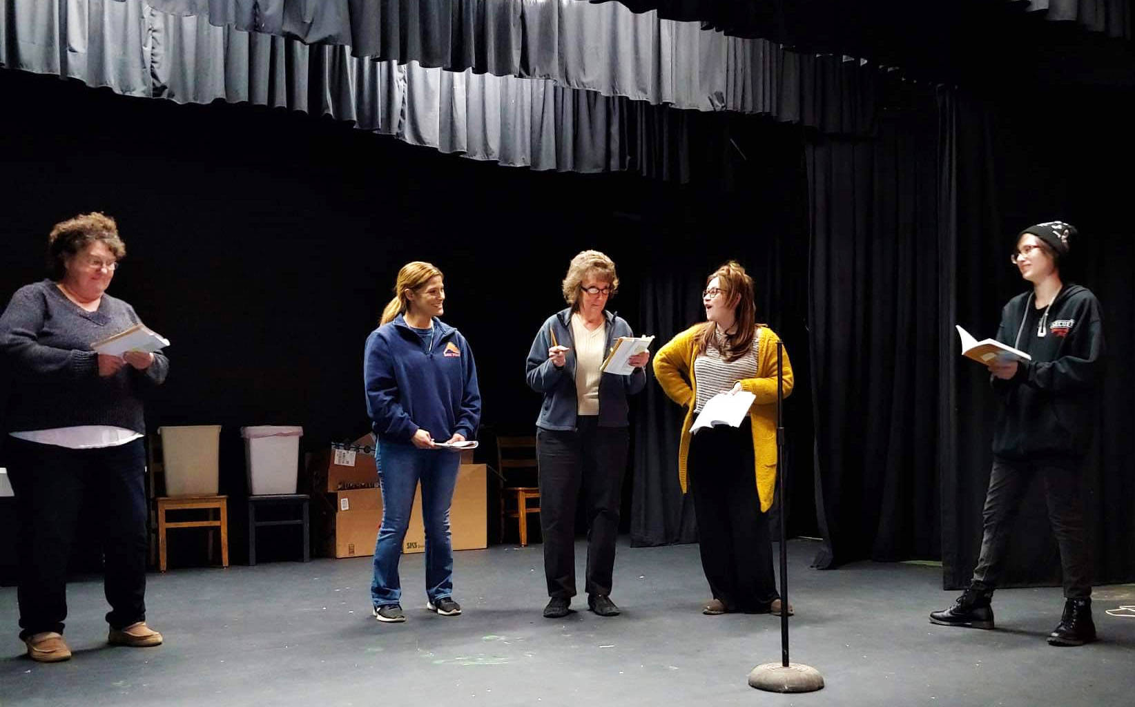 Courtesy Liz McCollum                                The full cast of the Willapa Players’ upcoming play, “Curtain Up,” rehearse their lines: from left, Deborah Sturgill, Bre Amacher, Nadine Zakel, Charity Royanne and Marissa Hurley.