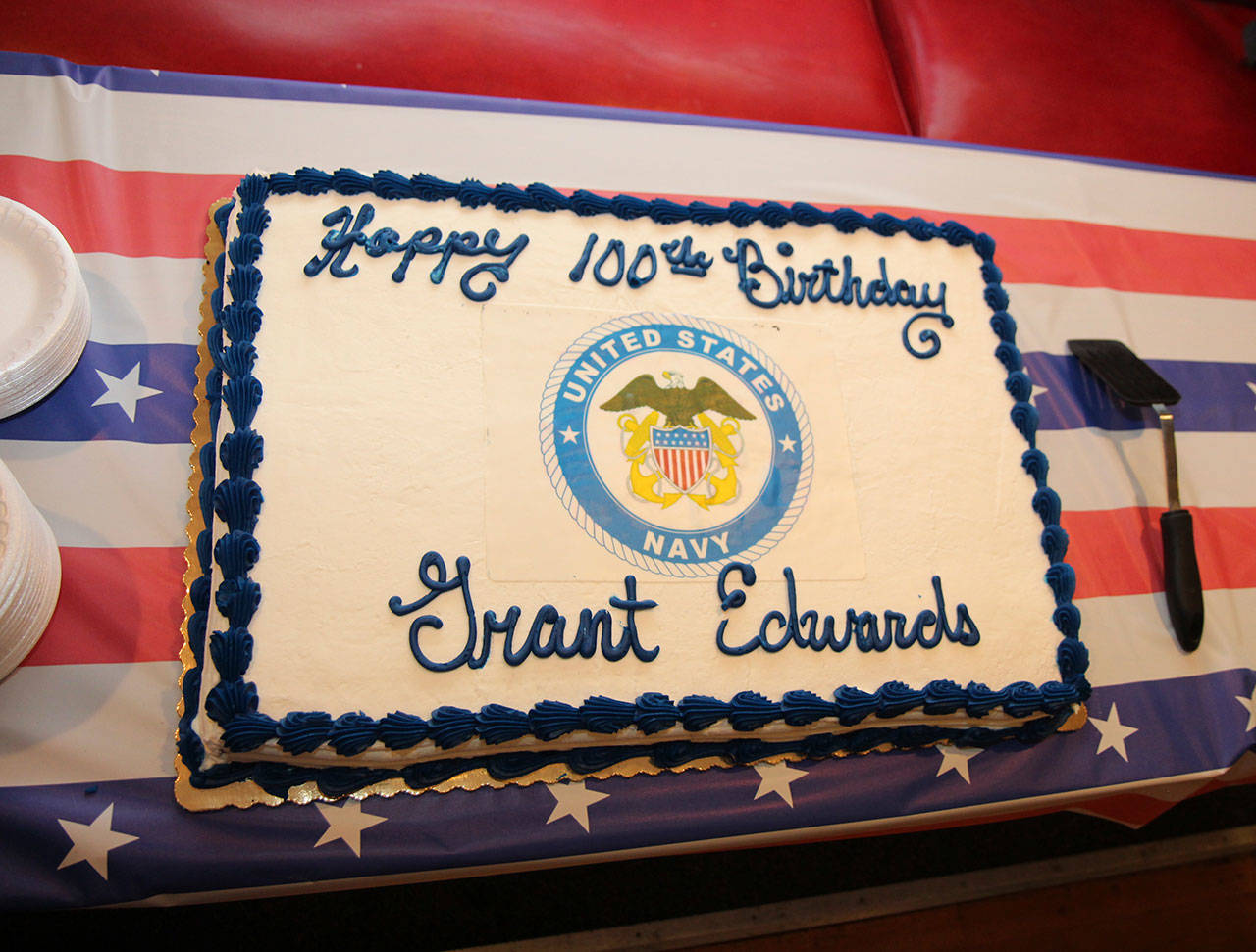 (Courtesy photo) Members of the Montesano Veterans of Foreign Wars post celebrated Grant Edwards’ 100th birthday with this cake on Saturday.