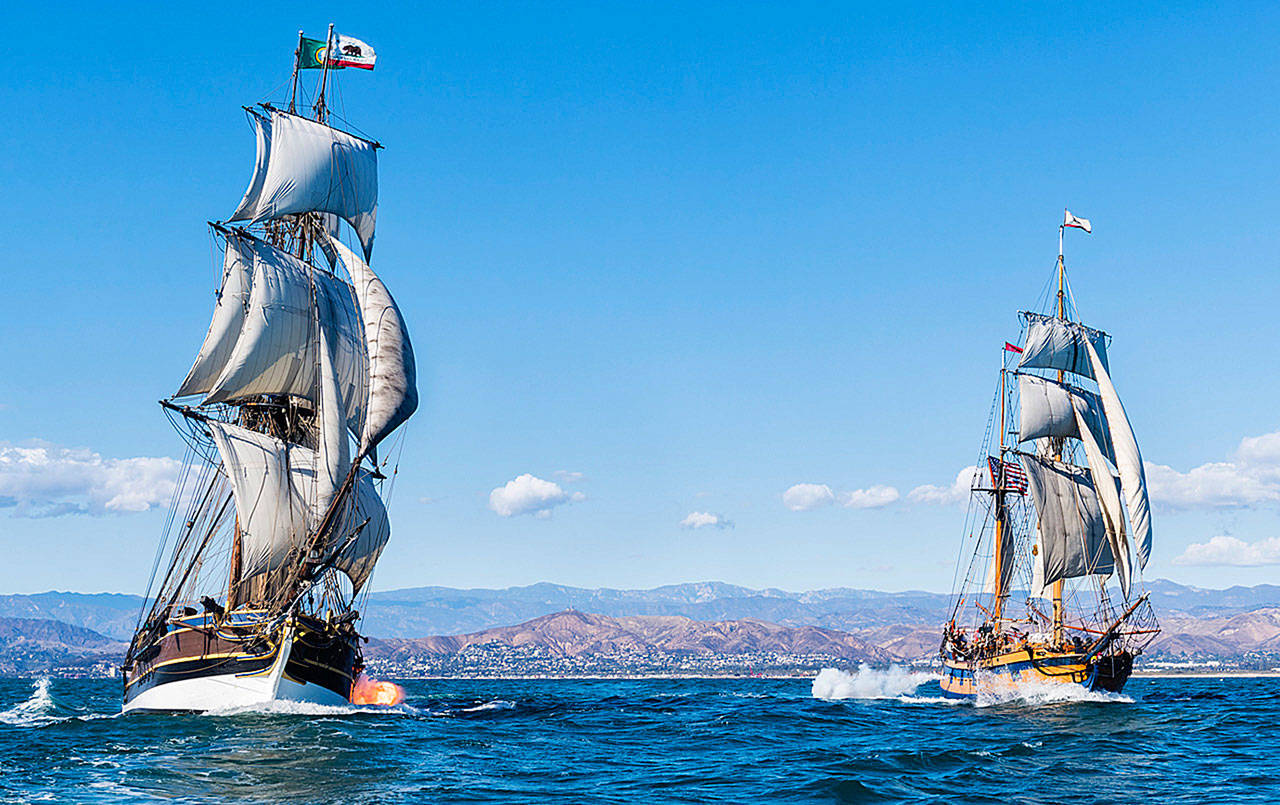 RICK HORN PHOTO                                Tall ships Lady Washington, left, and the Hawaiian Chieftain are coming to Westport May 16. Here they are shown during a Battle Sail, one of several different excursions available on weekends to the general public while the ships are in port.