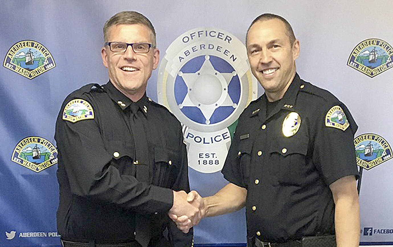 COURTESY ABERDEEN POLICE DEPARTMENT                                Jay Staten, left, has been named Aberdeen Deputy Chief of Police, announced Police Chief Steve Shumate, right, Monday afternoon.