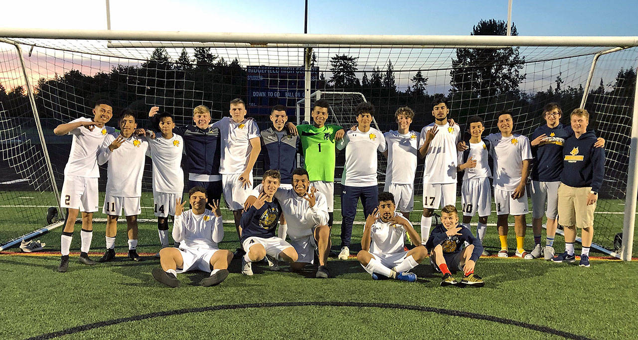 The Aberdeen boys soccer team poses for a photo after winning the 2A District IV Tournament’s third-place game over Ridgefield on Saturday at Ridgefield High School. (Submitted photo)