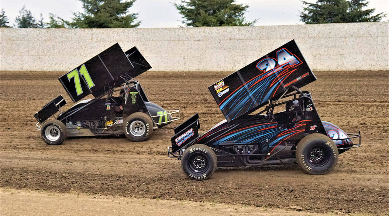 John Stuart (71) leads Tyler Anderson during a 360 Sprint Cars race at Grays Harbor Raceway on Saturday in Elma. (Photo by AR Racing Videos)