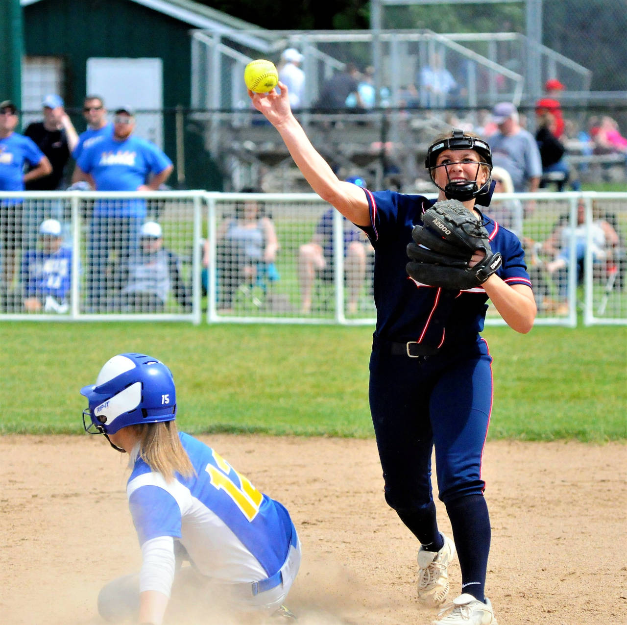 Pe Ell-Willapa Valley infielder Kamryn Adkins, right, looks to turn a double play against Adna in the 2B District iV championship game on Saturday in Centralia. PWV won 7-0. (Hasani Grayson | Grays Harbor News Group)