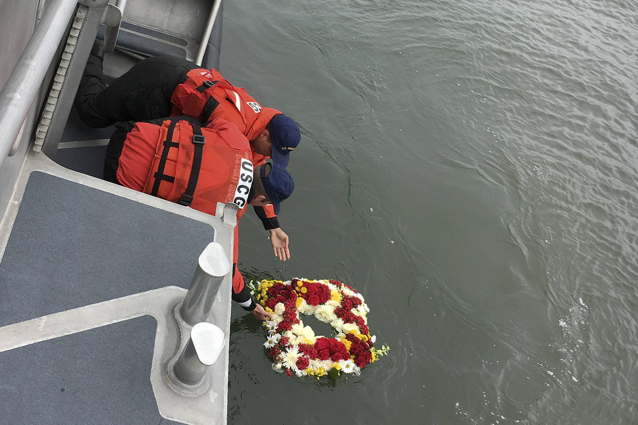 Kat Bryant | Grays Harbor News Group                                The Coast Guard’s ceremonial laying of the wreath for mariners lost at sea highlights the annual Blessing of the Fleet in Westport.