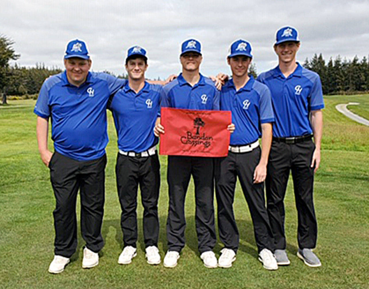 The Grays Harbor College men’s golf team, seen here after winning the SWOCC Invitational on May 13 in Bandon, Ore., placed fourth at the NWAC Championshps on Monday in DuPont. From left are Ryan Feyrer, Tim Nail, captain Dylan Christoffer, Cooper Benfield and Travis Bossio. (Submitted photo)