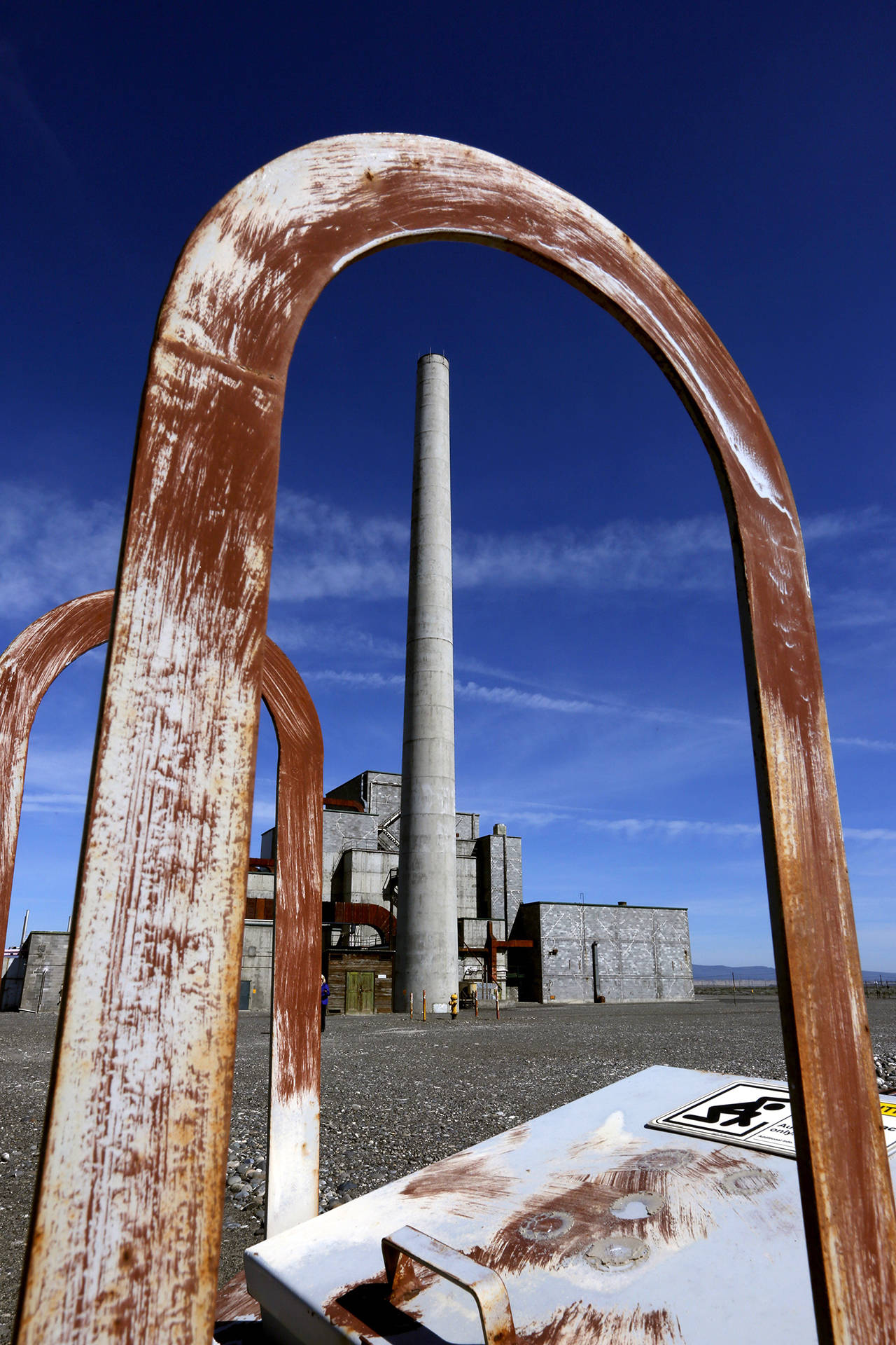 Mark Boster | Los Angeles Times                                With a metal sewer lid in the foreground, the 200-foot exhaust stack on B-Reactor juts into the sky at the former Hanford Nuclear Reservation in south-central Washington.