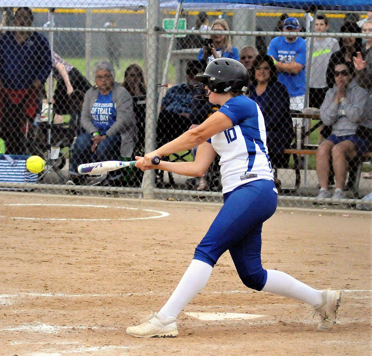 Elma’s Kali Rambo hits a single that brought home the tying and eventual game-winning runs against Warden in the opening round of the 1A State Softball Tournament on Friday in Richland. (Hasani Grayson | Grays Harbor News Group)