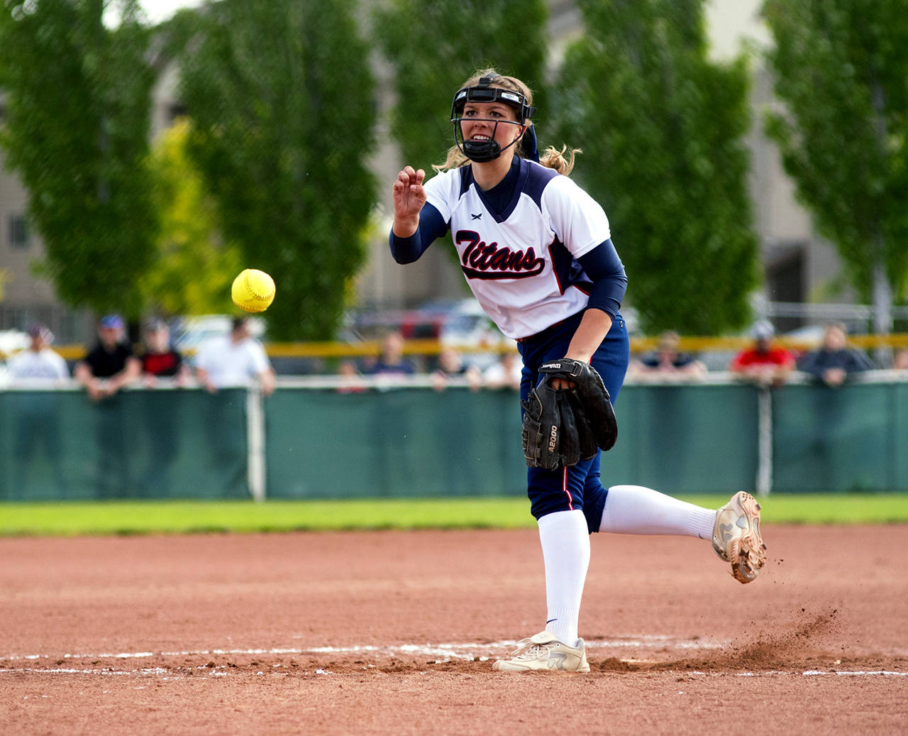 PWV senior Kamryn Adkins hurls a pitch during the Titan’s 9-7 loss to the Adna Pirates in the 2B State championship game on Saturday at the Gateway Sports Complex in Yakima. (Photo by Matt Baide | The Chronicle)