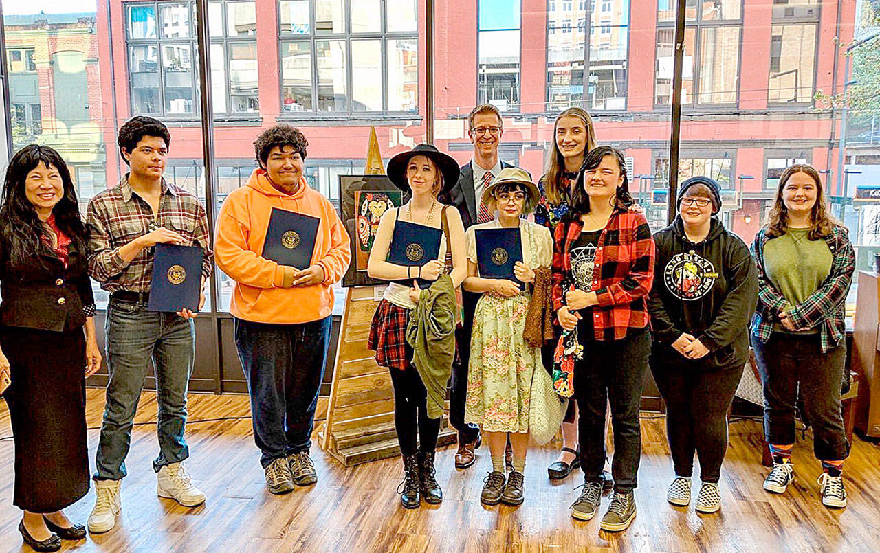 COURTESY PHOTO                                Aberdeen High School student Josh Farrar, second from left, placed in the top three in the 2019 Congressional Art Competition for the 6th Congressional District. Pictured back row center is Rep. Derek Kilmer. At left is Sheree Wen of the Washington State Arts Commission.