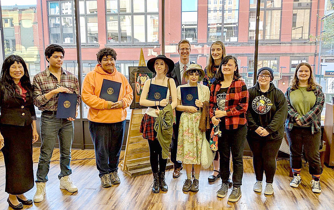 COURTESY PHOTO                                Aberdeen High School student Josh Farrar, second from left, placed in the top three in the 2019 Congressional Art Competition for the 6th Congressional District. Pictured back row center is Rep. Derek Kilmer. At left is Sheree Wen of the Washington State Arts Commission.