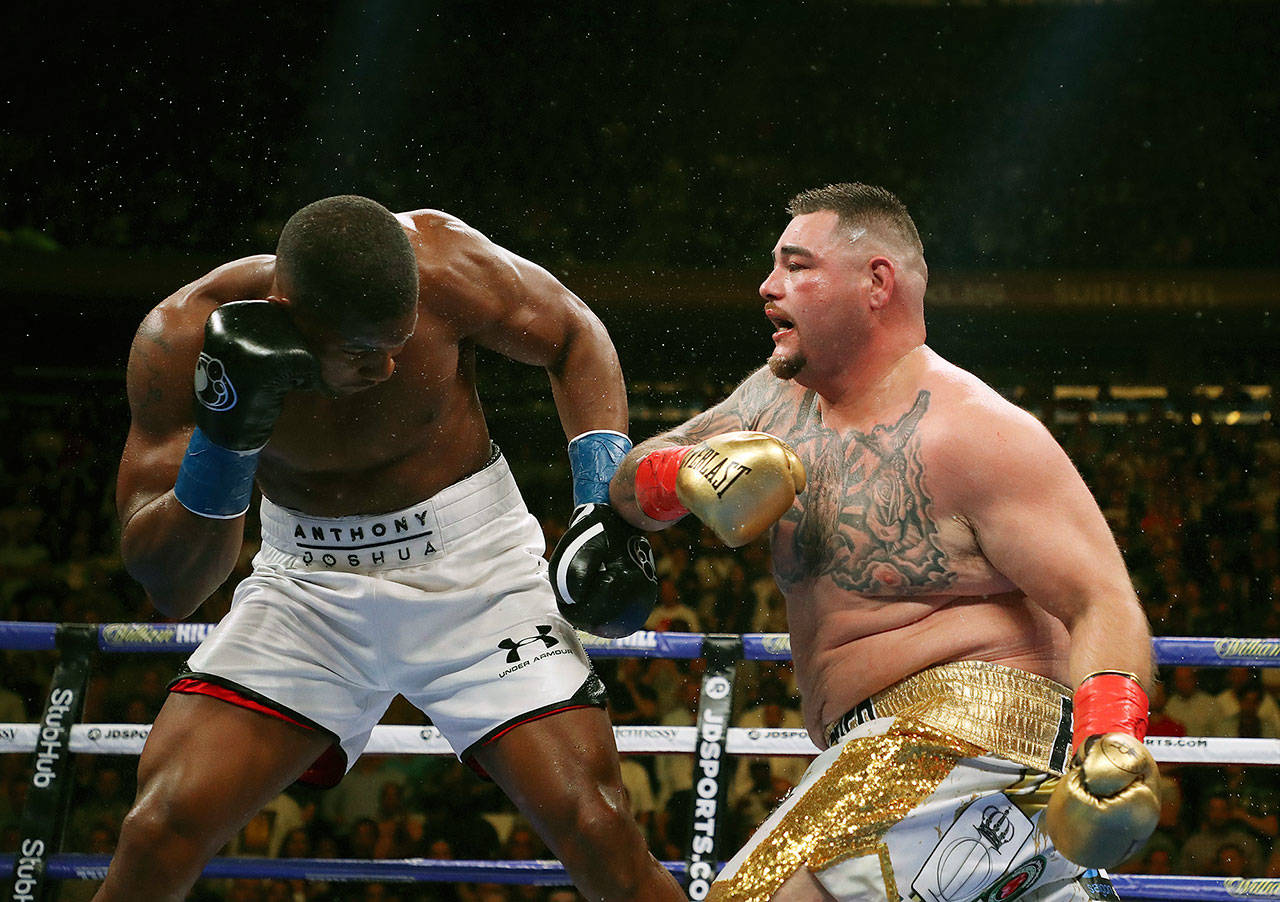 Andy Ruiz Jr. punches Anthony Joshua after their IBF/WBA/WBO heavyweight title fight at Madison Square Garden on Saturday in New York City, N.Y. (Al Bello | Getty Images/TNS)