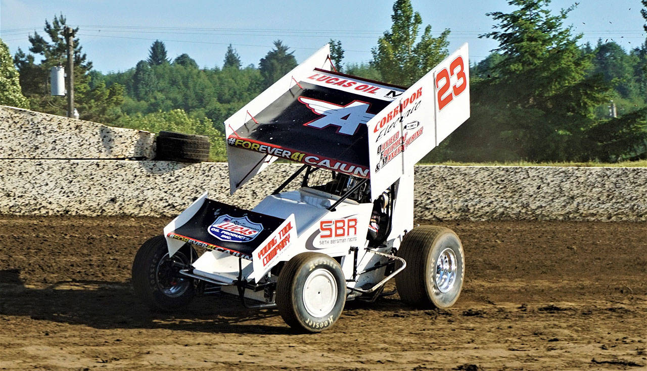 Seth Bergman charges around the track en route to wining the Summer Thunder Sprint Series feature race on Saturday at Grays Harbor Raceway. (Photo by AR Racing Videos)