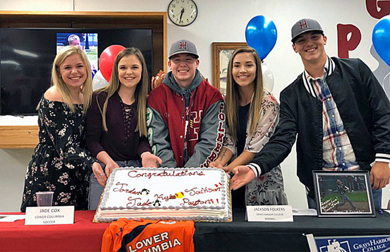 A quintet of Hoquiam Grizzlies celebrate signing National Letters of Intent on Monday. Pictured from left are Jordan Cox (women’s soccer, Lower Columbia College), Jade Cox (women’s soccer, Lower Columbia College), Jackson Folkers (baseball, Grays Harbor College), Kylee Bagwell (softball, Grays Harbor Colelge) and Payton Quintanilla (baseball, Grays Harbor College). Not pictured: Antonio Garcia (track and field, Grays Harbor College). (Submitted photo)