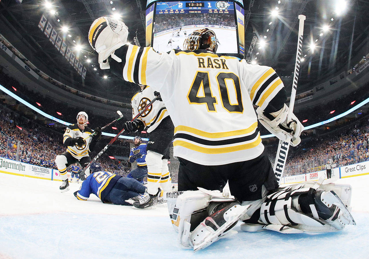 Tuukka Rask (40) of the Boston Bruins tends the net against the St. Louis Blues in Game Four of the 2019 NHL Stanley Cup Final at Enterprise Center on Monday. (Jamie Squire | Getty Images/TNS)