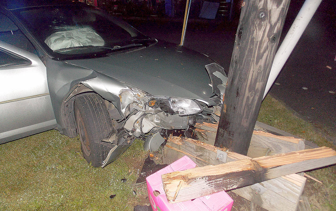 COURTESY HOQUIAM POLICE DEPARTMENT                                A Hoquiam man was arrested early Sunday morning on suspicion of DUI after his vehicle struck a power pole near the Hoquiam Farmers Market on Riverside Avenue.