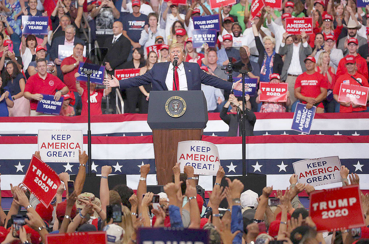 President Trump speaks during his reelection kickoff campaign rally at the Amway Center in Orlando, Fla., on Tuesday. (Stephen M. Dowell/Orlando Sentinel)