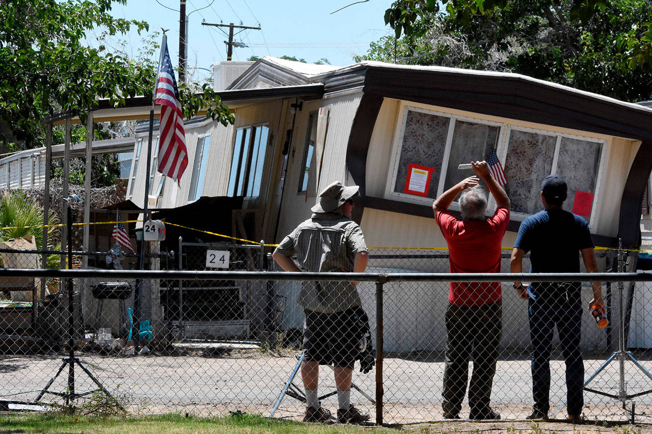 This mobile home in Ridgecrest was one of many knocked off its foundation. (Los Angeles Times)