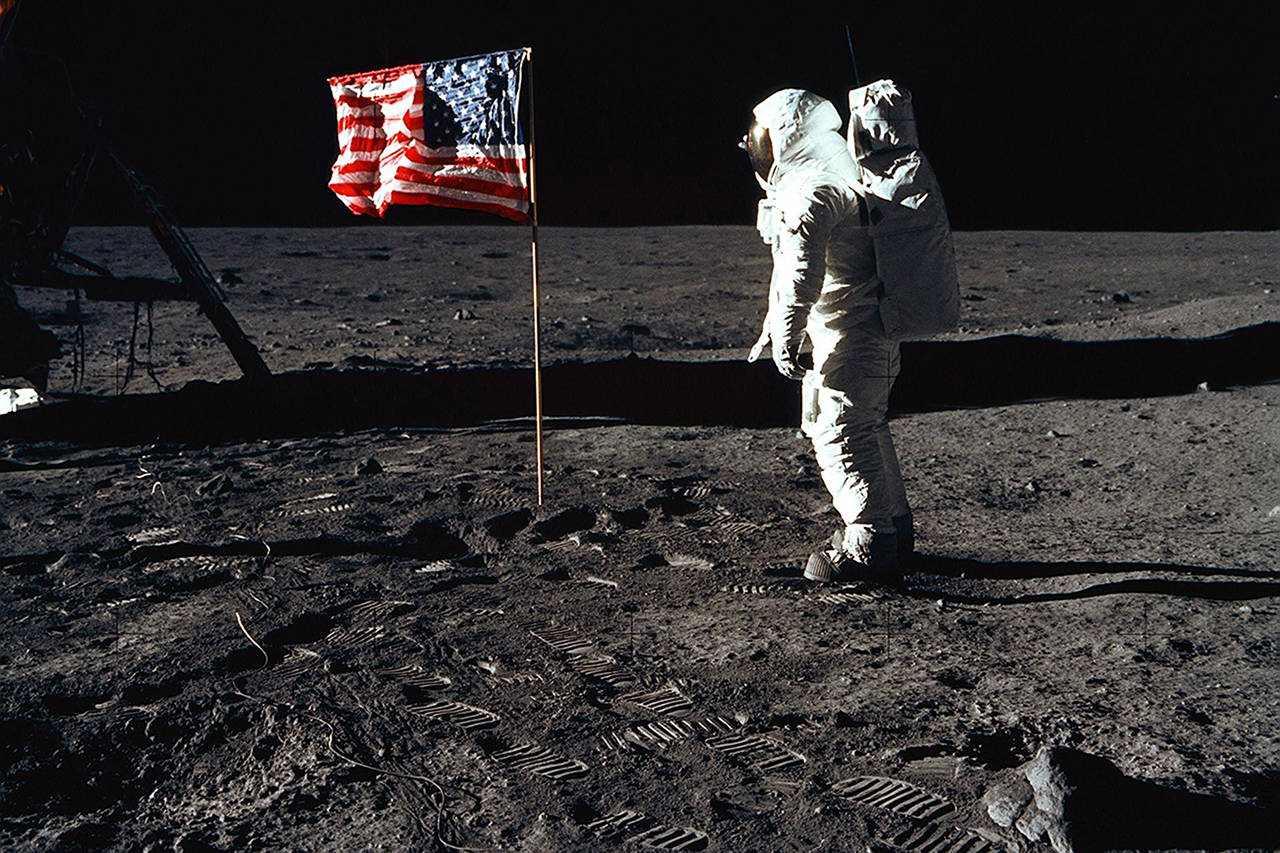 NASA                                Astronaut Buzz Aldrin stands on the moon during the Apollo 11 mission on July 20, 1969. That milestone is being marked this summer by 50th anniversary celebrations across the country.