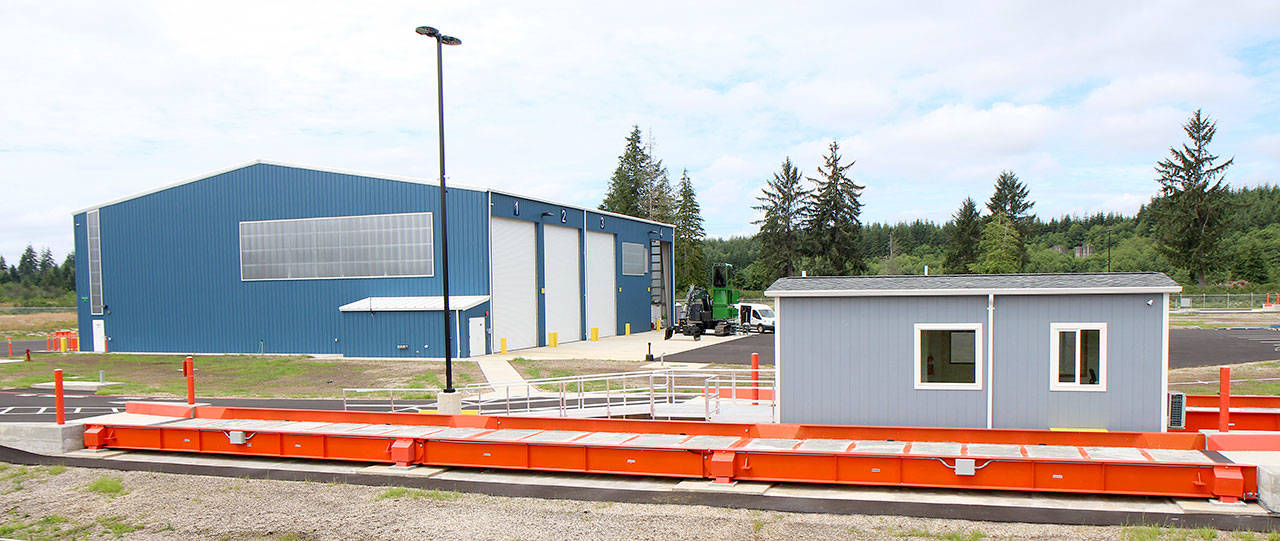 When the LeMay’s Grays Harbor Transfer Station is complete, the public will use these scales on the site’s east side when bringing waste to the facility at 29 Gavett Lane west of Montesano. Commercial vehicles will use separate scales, which will be installed after the station opens Aug. 1. Photo taken Friday July 12, 2019, near the National Guard Armory on Clemons Road. (Michael Lang | Grays Harbor News Group)