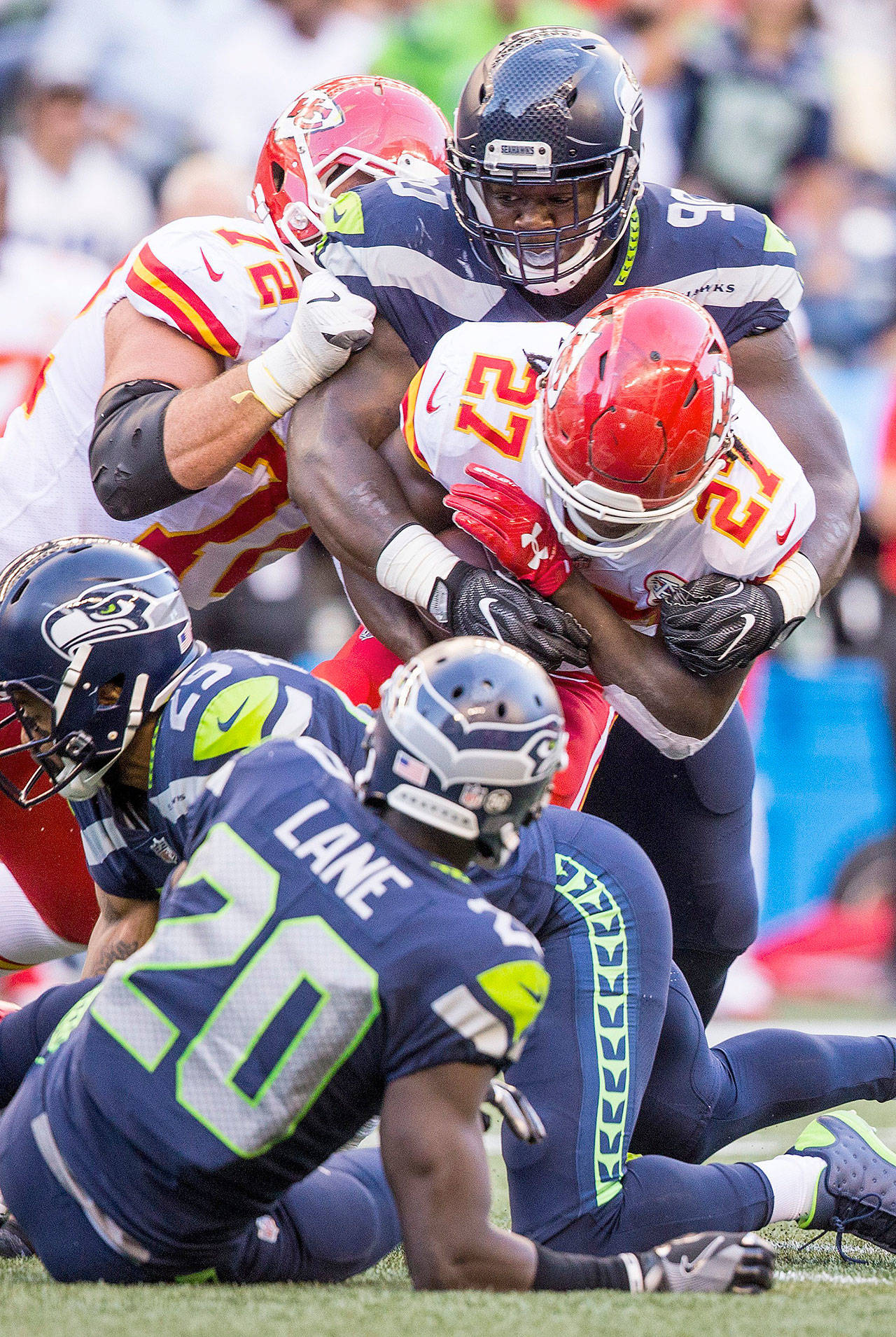 Seahawks defensive tackle Jarran Reed makes the tackle on Chiefs running back Kareem Hunt during a preseason game on Friday, Aug. 25, 2017. Reed was suspended by the NFL on Monday. (Bettina Hansen/Seattle Times/TNS)