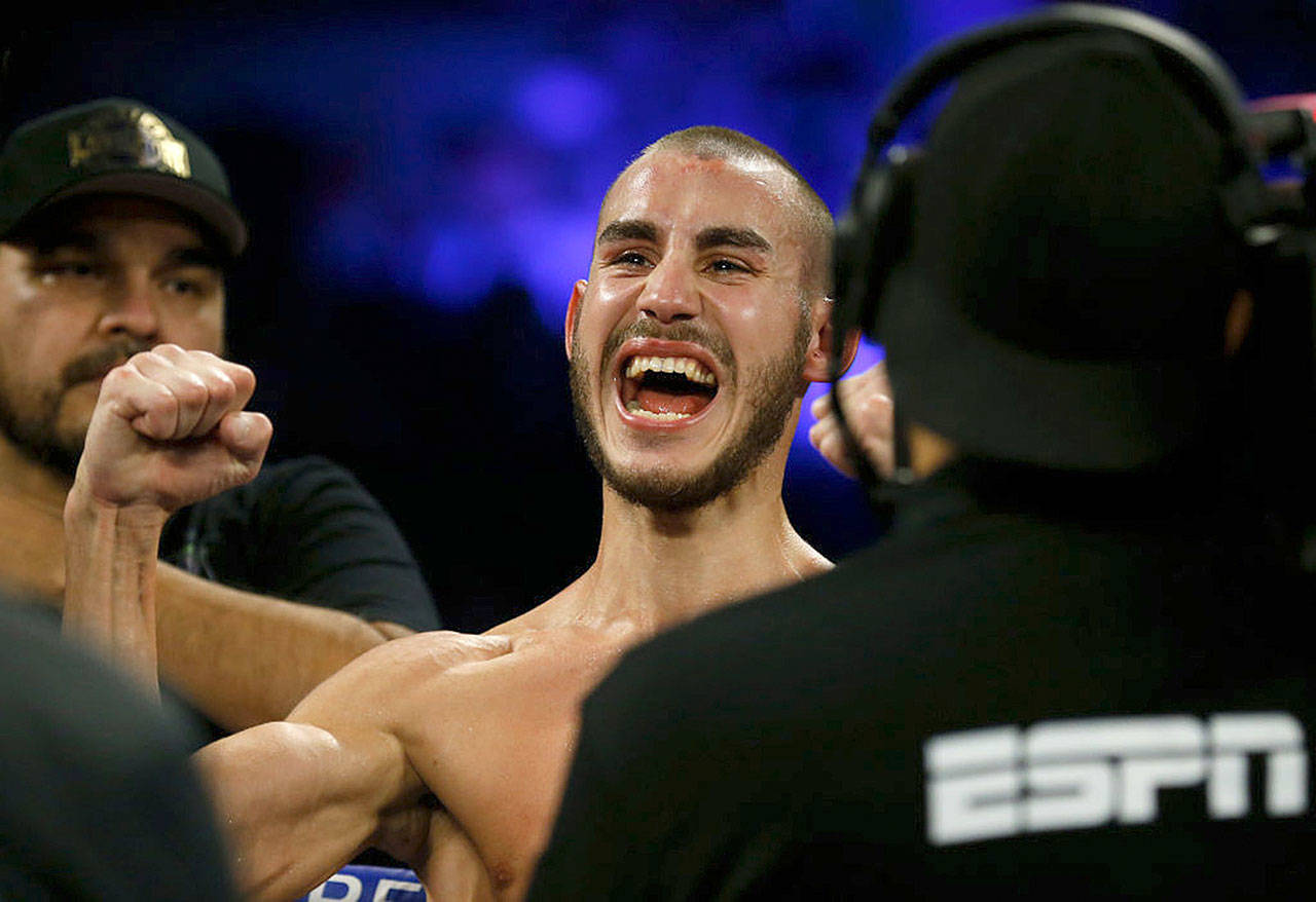 Maxim Dadashev of Russia celebrates after winning a super lightweight bout against Antonio de Marco in Las Vegas on October 20, 2018. Dadashev passed away after suffering from brain swelling following a loss on Friday. He was 28 years-old. (Steve Marcus/Getty Images/TNS)