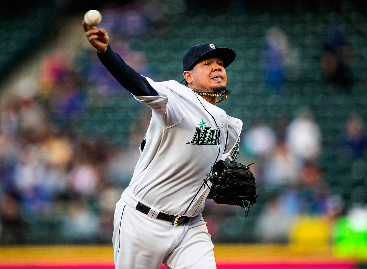 The Seattle Mariners’ Felix Hernandez pitches against against the Chicago Cubs on Tuesday, April 30, 2019, at T-Mobile Park in Seattle. (Dean Rutz | Seattle Times/TNS)