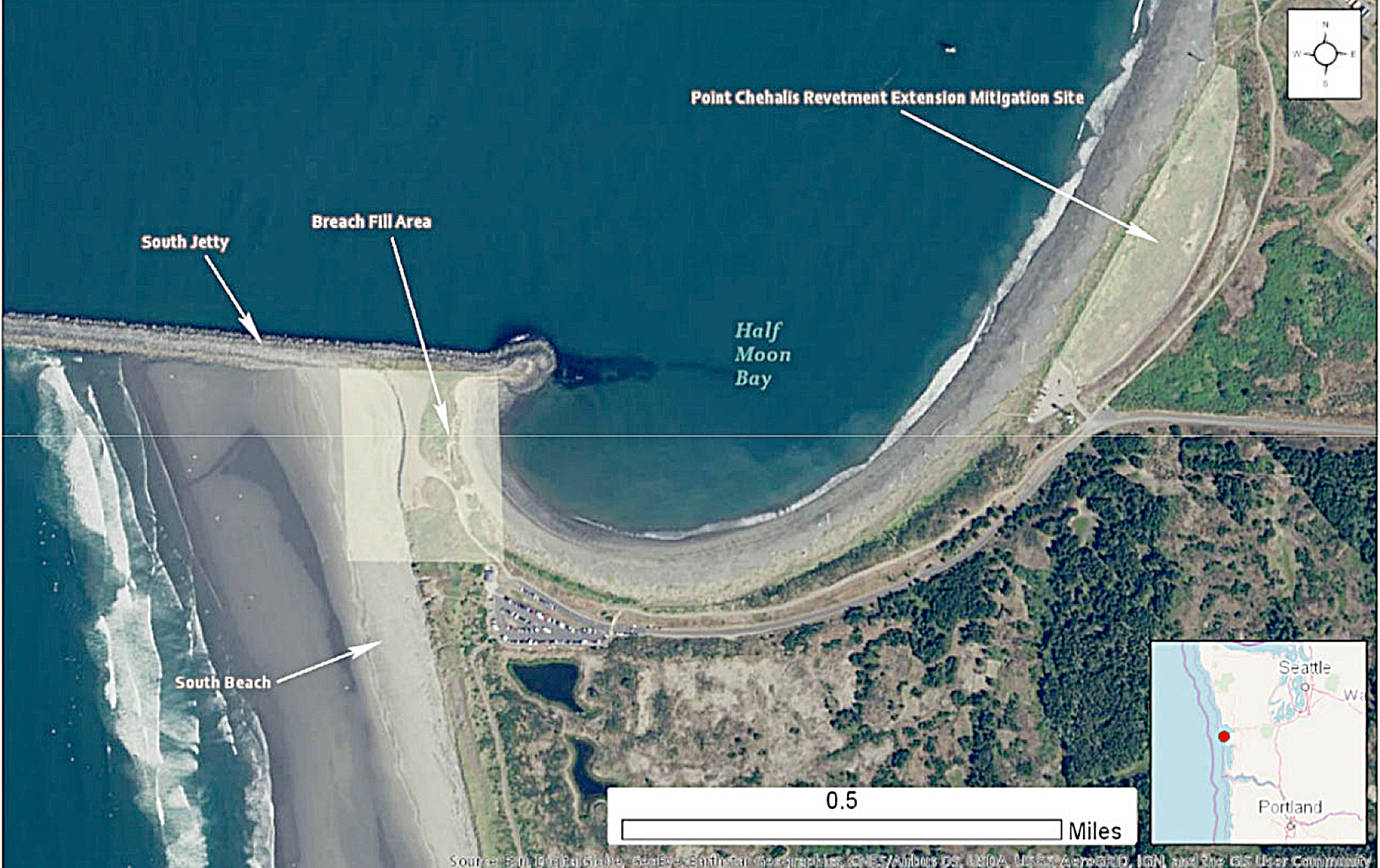 COURTESY ARMY CORPS OF ENGINEERS                                The location of the two fill areas at the Westport South Jetty and the Point Chehalis Revetment Extension Mitigation Site where most of the sand will come from.