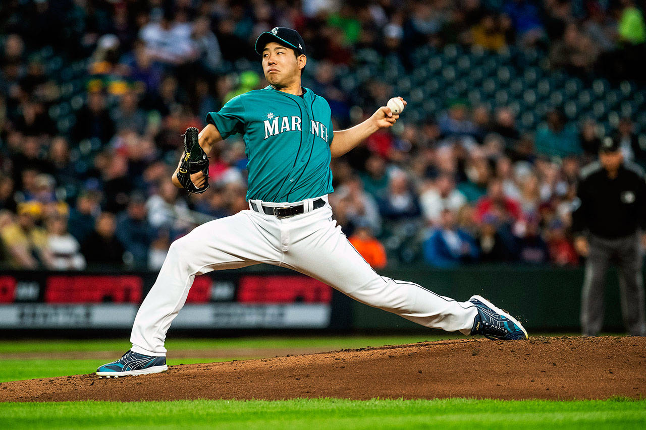 Seattle Mariners pitcher Yusei Kikuchi works against the Boston Red Sox at T-Mobile Park in Seattle on Friday, March 29, 2019. (Dean Rutz/Seattle Times/TNS)