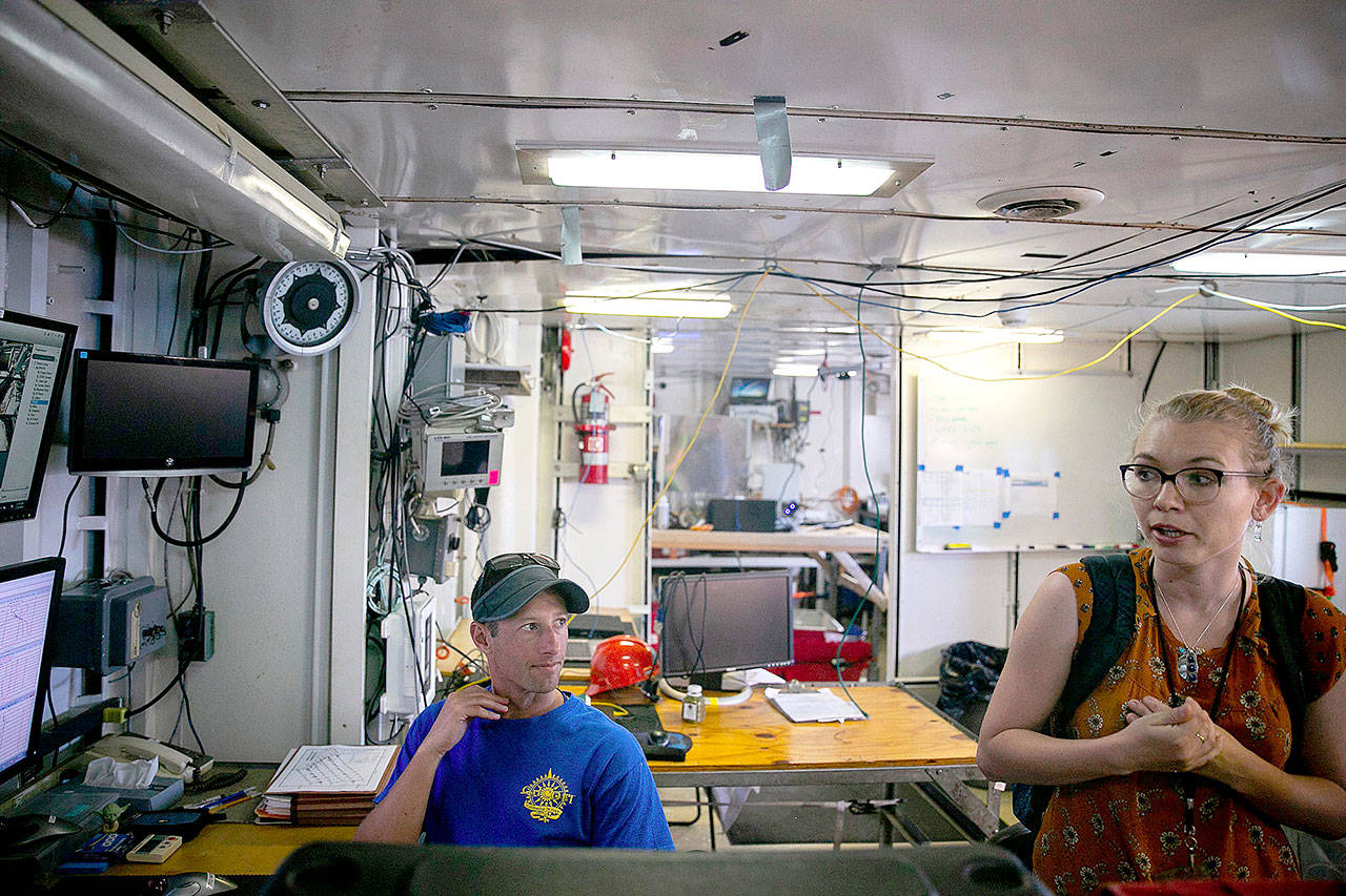 Daniel Schuller, chief scientist with California Cooperative Oceanic Fisheries Investigation, and Natalya Gallo, a post doctoral researcher with the program, prepare to embark on a research cruise aboard the Bold Horizon on July 10 in San Diego. (Sam Hodgson/San Diego Union-Tribune)