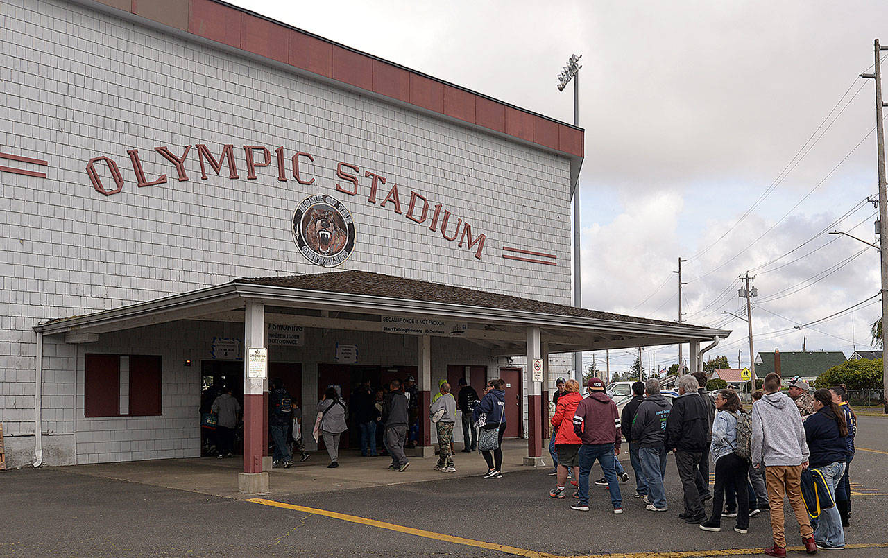 Photo by DAN HAMMOCK | GRAYS HARBOR NEWS GROUP                                Upgrades are coming to Hoquiam’s historic Olympic Stadium. Here people line up to enter the stadium before the 2018 Loggers Playday competition.