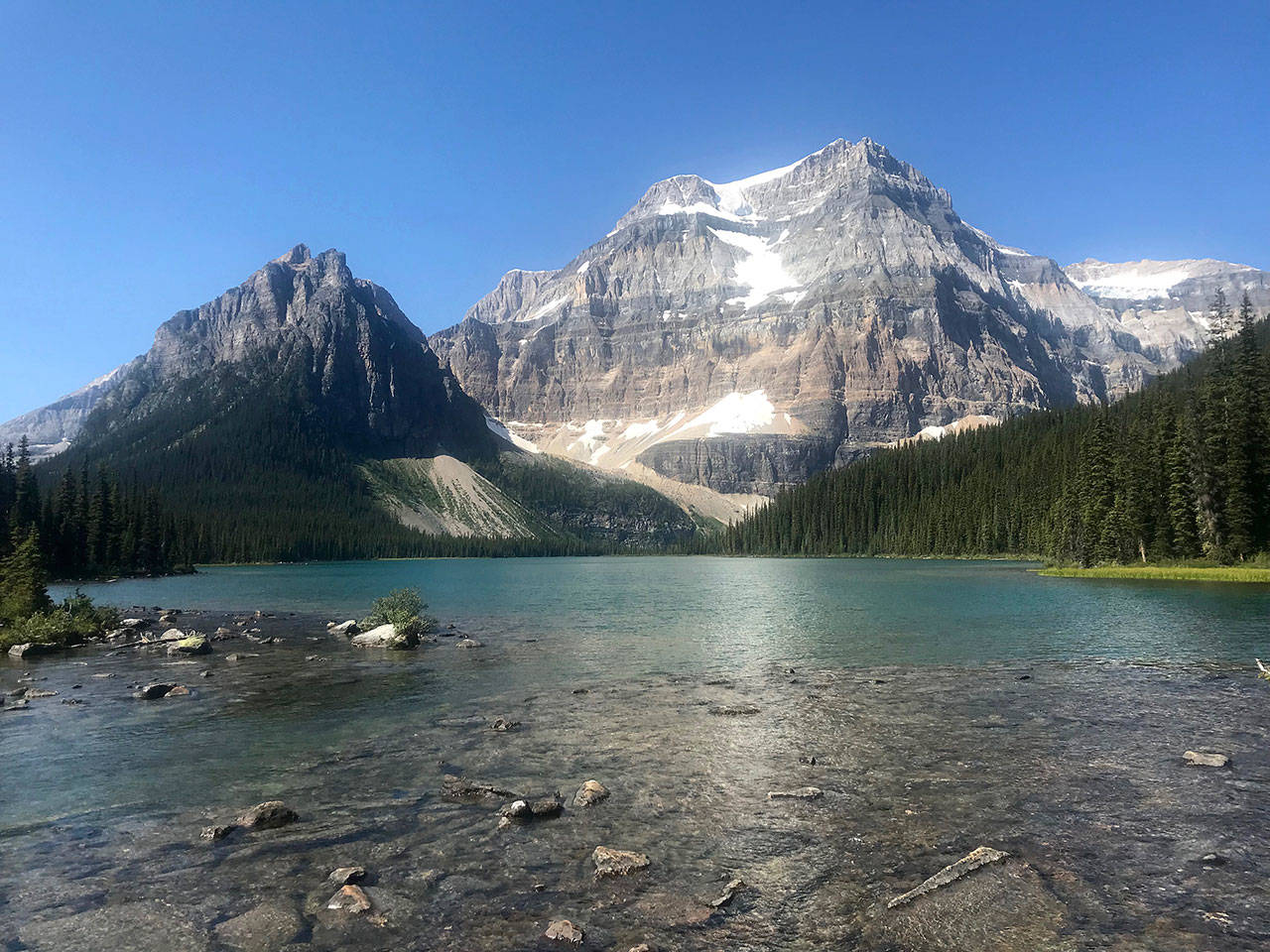 Photos by Louis Krauss | Grays Harbor News Group                                Day One: Shadow Lake in Banff National Park, with Mount Ball rising behind it, was a major highlight of the four-day hike.