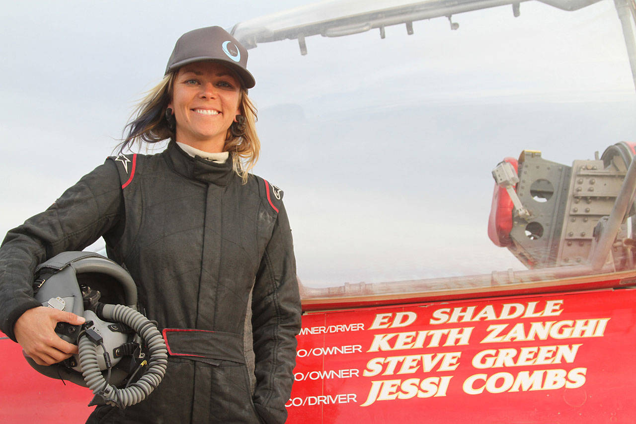 Jessi Combs on Oct 8, 2013 in the Alvord Desert, Ore. Combs died in a crash Tuesday while trying to break her own land speed record, according to multiple reports. She was 36. (David Cohn/North American Eagle/Zuma Press/TNS)