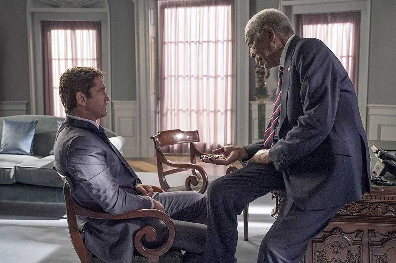 Lionsgate                                Gerard Butler, left, and Morgan Freeman reprise their roles as Secret Service agent Mike Banning and President Allan Trumbull, respectively, in “Angel Has Fallen.”
