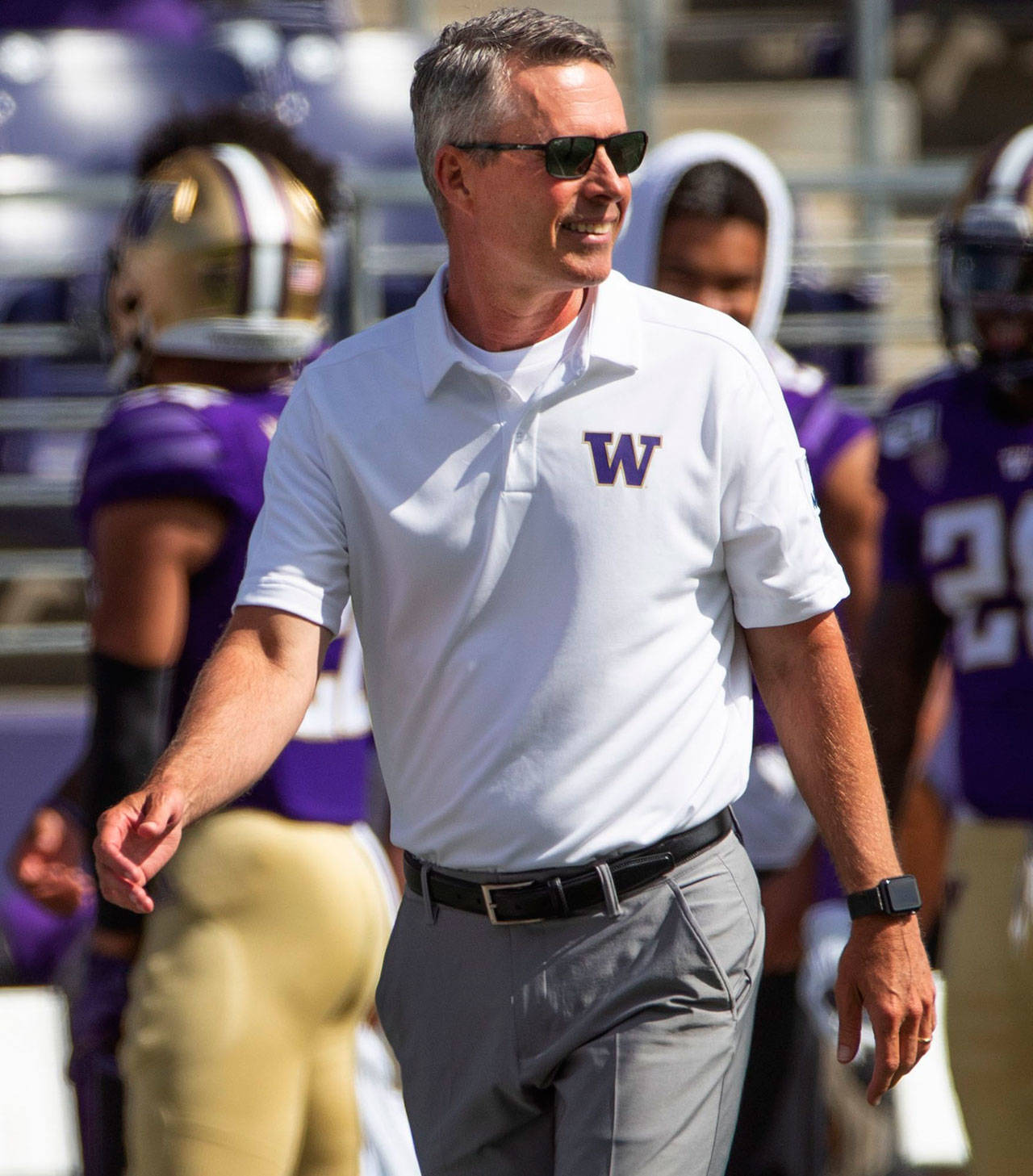 Washington head coach Chris Petersen on the sidelines against Eastern Washington on Saturday, Aug. 31, 2019, at Husky Stadium in Seattle. Washington won, 47-14. (Mike Siegel/Seattle Times/TNS)
