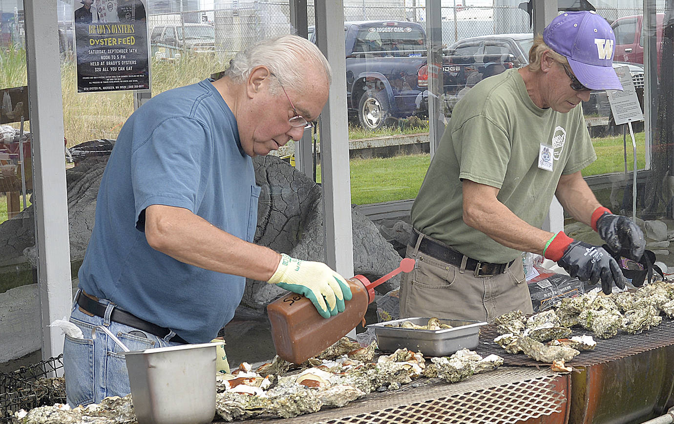 DAN HAMMOCK | GRAYS HARBOR NEWS GROUP                                Barbecued oysters will be part of the menu at the annual Brady’s Oysters all-you-can-eat oyster feed Saturday.