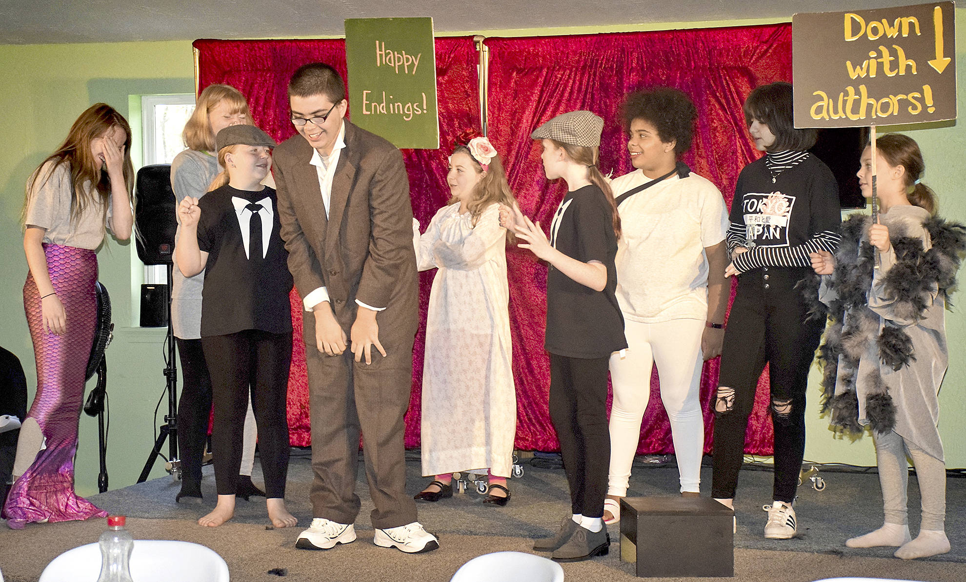 Scott D. Johnston | For Grays Harbor News Group                                The cast of “A Grimm Night for Hans Christian Andersen,” from left: Keira Gibson, Chloe Patton, Addi Baggaley, Jacob Francis, Taitlynn Baggaley, Samara Gibson, Makayla Upshaw, Michelle Arape and Megan Christensen.