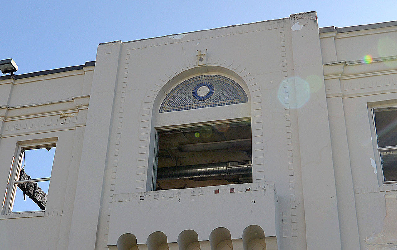 photo by DAN HAMMOCK | GRAYS HARBOR NEWS GROUP                                The decorative arch above the entryway to the Armory building will be salvaged during demolition of the building, according to the City of Aberdeen.