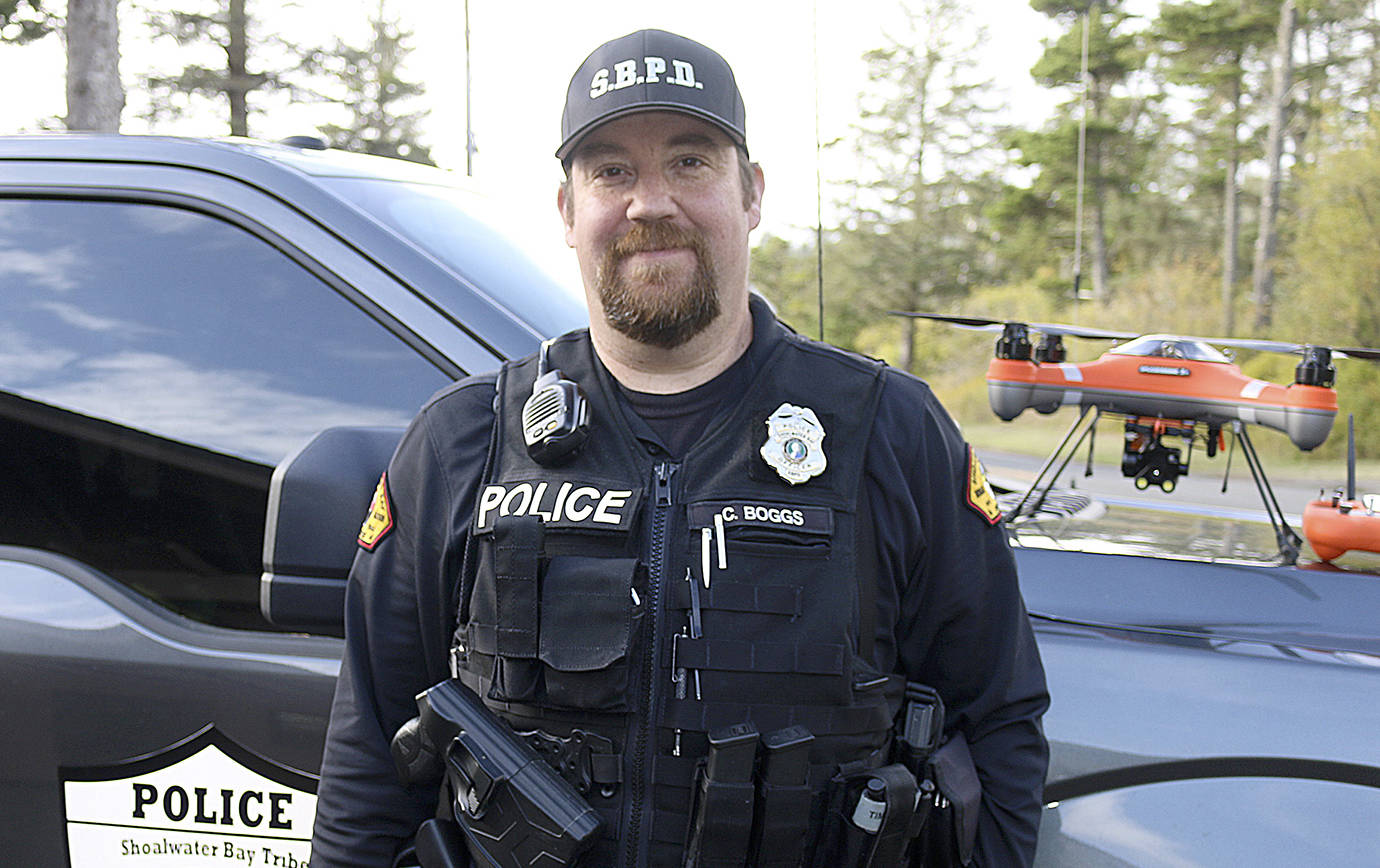 COURTESY PHOTO                                Shoalwater Bay Tribe Police Officer Christopher Boggs, the first Part 107 certified drone pilot in Pacific County, has taken the reins of the department’s water rescue drone.