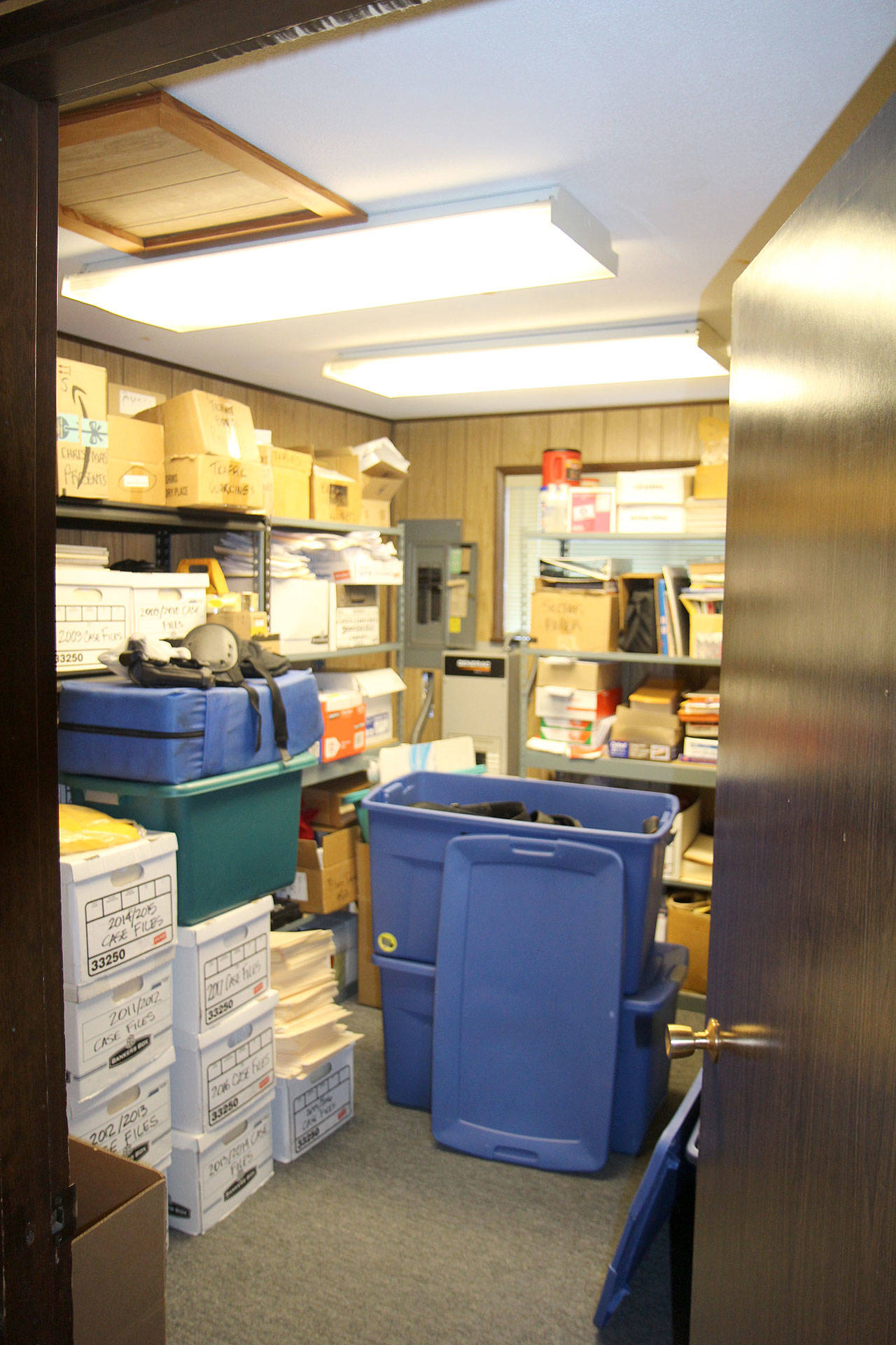The storage room at the Cosmopolis Police Station is nearing its capacity Tuesday, Oct. 8, 2019. Officials are asking voters to approve a new building for the City Hall, police station and municipal court. (Michael Lang | Grays Harbor News Group)